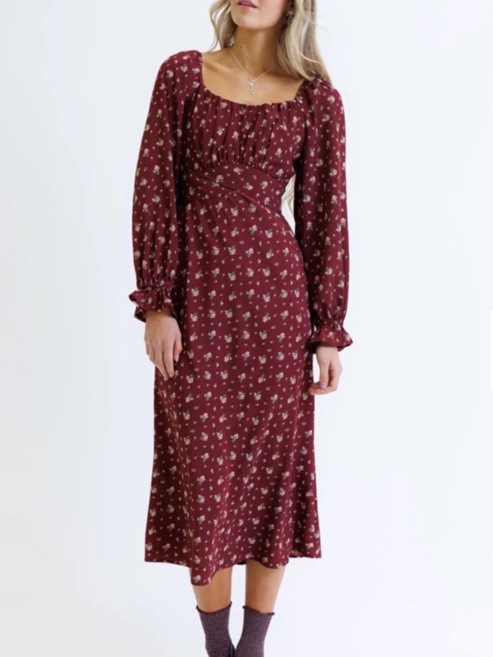 DownEast Basics Women's Burgundy/Wine Floral Long Sleeve Midi Dress-NWT-Medium -